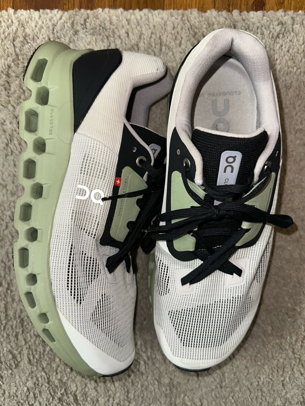 On Running Cloudstratus White Black Sage Green Running Shoes (US W10)